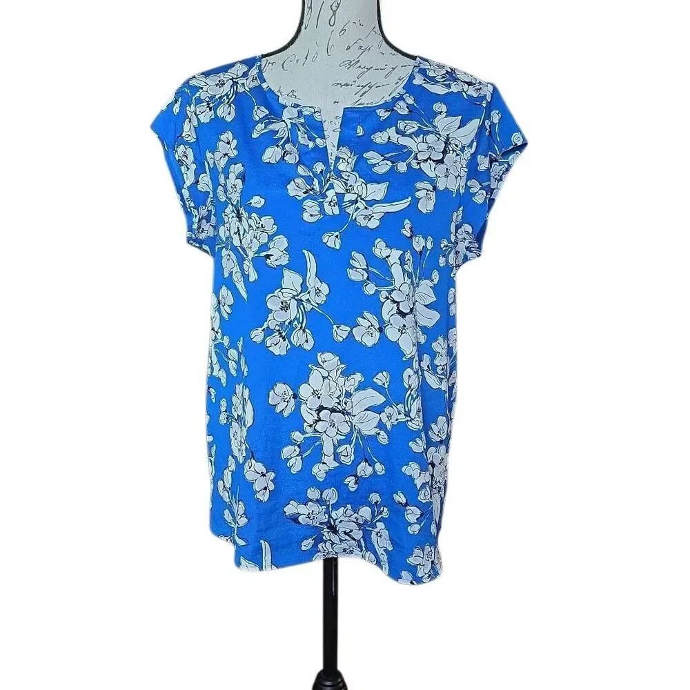 Ivanka Trump Women's Size Large Blue White Black Floral Print Cap Sleeve Blouse